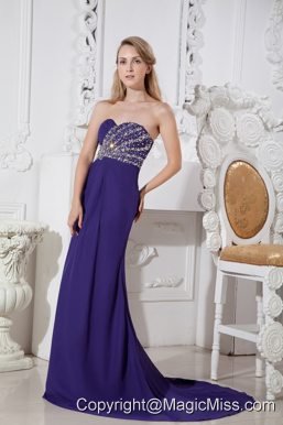 Purple Column Sweetheart Court Train Elastic Wove Satin Beading Prom Dress