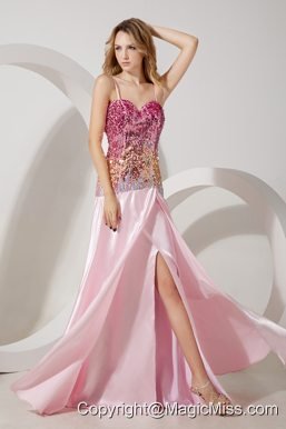 Baby Pink Empire Straps Brush Train Stretch Charmeuse and Sequin Prom / Evening Dress