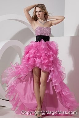 Rose Pink A-line / Princess Sweetheart High-low Organza Beading Prom Dress
