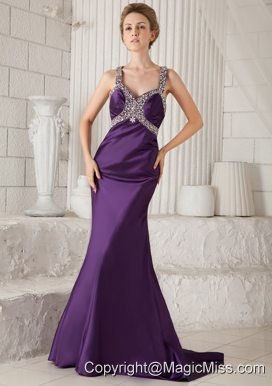 Purple Mermaid Straps Brush Train Taffeta Beading Prom Dress