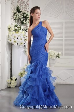 Blue Mermaid One Shoulder Floor-length Orangza Ruch and Ruffles Prom / Graduation Dress
