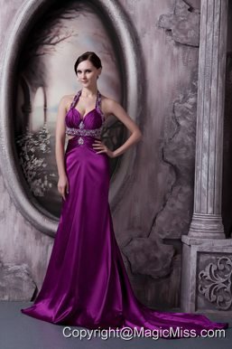 Eggplant Purple Column Halter Court Train Silk Like Satin Beading Prom Dress