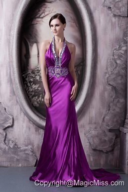 Eggplant Purple Column Halter Brush Train Silk Like Satin Beading and Appliques Prom Dress