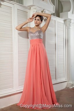 Customize Watermelon Red Prom / Evening Dress Empire Straps Chiffon Beading Brush Train