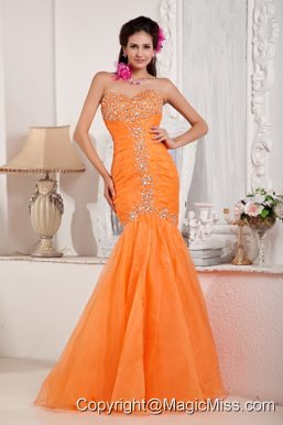 Orange Mermaid Sweetheart Floor-length Organza Beading Prom Dress
