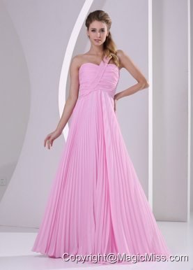 Pink One Shoulder Pleat Chiffon Empire Brush Train Bridesmaid Dress For Wedding Party