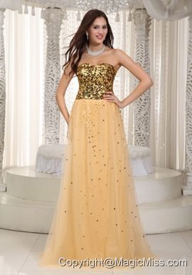 Gold Empire Sweetheart Brush Train Tulle Sequins Prom Dress