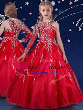 Superior Asymmetric Sleeveless Zipper Little Girls Pageant Dress Red Organza