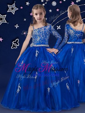 Super Ball Gowns Little Girls Pageant Gowns Royal Blue Bateau Organza Sleeveless Floor Length Zipper