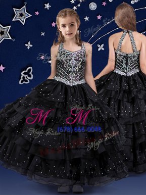 Modern Halter Top Beading and Ruffled Layers Little Girls Pageant Dress Wholesale Black Zipper Sleeveless Floor Length
