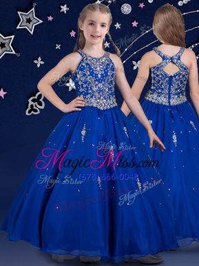 Scoop Royal Blue Organza Zipper Little Girls Pageant Dress Wholesale Sleeveless Floor Length Beading