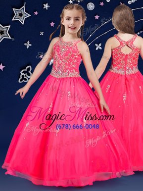 On Sale Hot Pink Scoop Neckline Beading Kids Pageant Dress Sleeveless Zipper