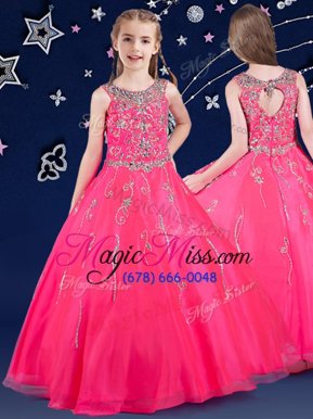 Discount Hot Pink A-line Organza Scoop Sleeveless Beading Floor Length Zipper Little Girls Pageant Dress