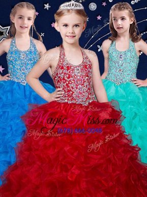 High Quality Halter Top Organza Sleeveless Floor Length Little Girl Pageant Gowns and Beading and Ruffles