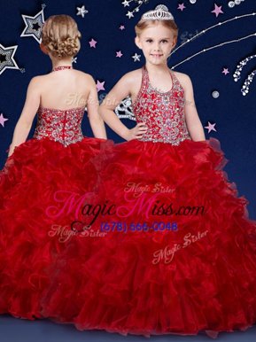 Best Halter Top Wine Red Ball Gowns Beading and Ruffles Little Girls Pageant Gowns Zipper Organza Sleeveless Floor Length