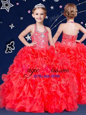 Classical Floor Length Coral Red Little Girls Pageant Dress Halter Top Sleeveless Zipper