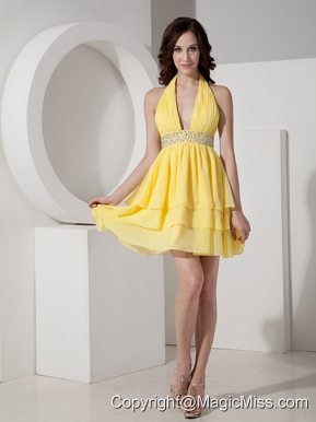 Inexpensive Yellow Empire Cocktail Dress Halter Chiffon Beading Mini-length