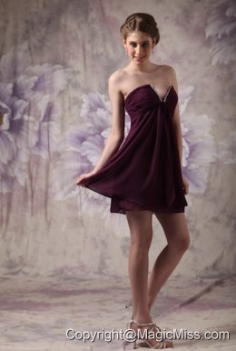 Dark Purple A-line V-neck Mini-length Chiffon Beading Prom / Cocktail Dress
