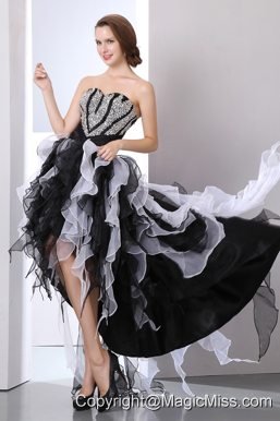 White and Black A-line Sweetheart Prom Dress High-low Organza Beading