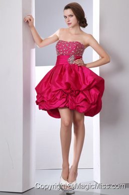 Wine Red A-line Strapless Mini-length Taffeta Beading Prom Dress
