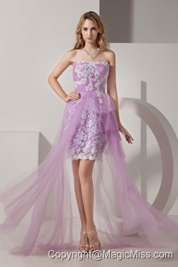 Lilac Column Strapless High-low Taffeta and Tulle Appliques Prom Dress