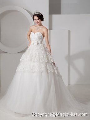 Popular A-line Sweetheart Brush TrainTulle Sash and Beading Wedding Dress