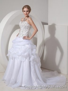 Populor A-line Strapless Court Train Organza Beading and Hand Made Flowers Wedding Dress