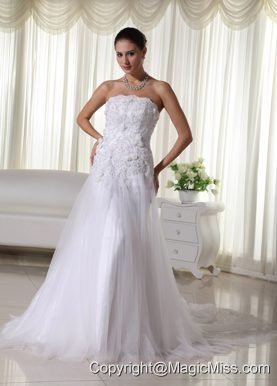 Lovely A-line Strapless Chapel Train Tulle and Taffeta Lace Wedding Dress