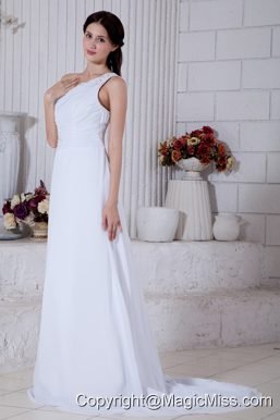 White Column One Shoulder Brush Train Chiffon Appliques Prom / Evening Dress