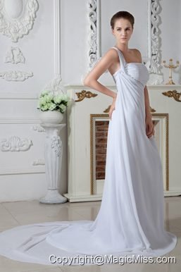 Sweet Empire One Shoulder Court Train Chiffon Beading and Ruch Wedding Dress