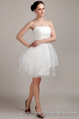 White A-line / Princess Strapless Mini-length Organza Beading and Ruch Short Wedding Dress