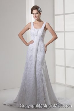 2013 Square Neck Lace Wedding Dress With Court Train