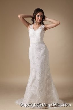 Pretty Column V-neck Brush Train Taffeta and Lace Wedding Dress