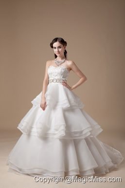 Beautiful A-line Strapless Brush Train Taffeta and Organza Appliques with Beading Wedding Dress