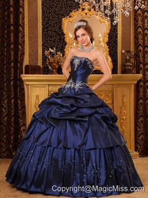 Remarkable Ball Gown Strapless Floor-length Appliques Taffeta Navy Blue Quinceanera Dress