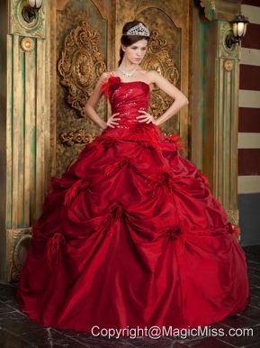 Red Ball Gown Strapless Floor-length Taffeta Hand Made Flowers Quinceanera Dress