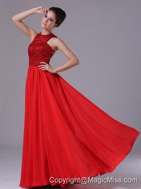 Paillette Over Skirt Chiffon High-Neck Empire Red Affordable Celebrity Prom Dress