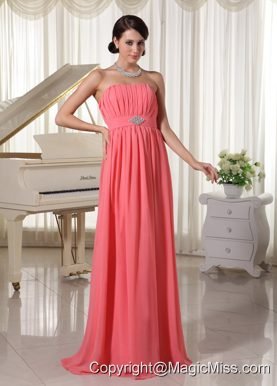 Watermelon Red Empire Chiffon Prom Dress With Beading and Ruch