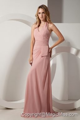 Pink Column Halter Brush Train Chiffon Ruch Prom Dress