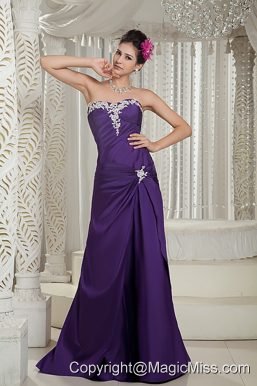 Customize Purple Prom Dress Column Strapless Satin Appliques Brush Train