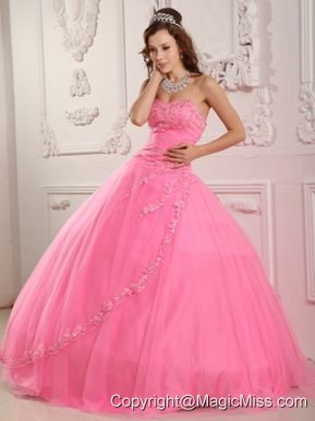 Classical Ball Gown Sweetheart Floor-length Tulle Appliques Rose Pink Quinceanera Dress