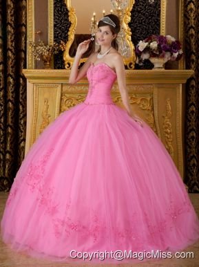Rose Pink Ball Gown Sweetheart Floor-length Tulle Appliques Quinceanera Dress