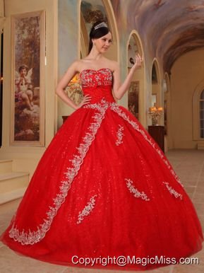 Red Ball Gown Sweetheart Floor-length Organza Embroidery and Beading Quinceanera Dress