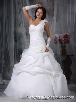Elegant A-line / Princess One Shpulder Brush Train Organza Hand Made Flowers Wedding Dress