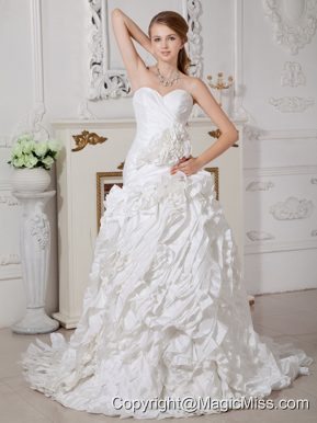Modest A-line Strapless Court Train Satin Hand Made Flower Wedding Dress