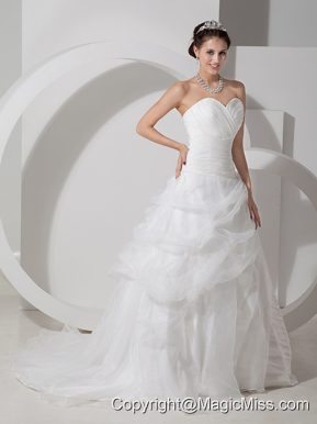 Modest A-line Sweetheart Brush Train Organza Ruch Wedding Dress
