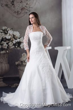 A-line Appliques White Jacket Brush Train Wedding Dress