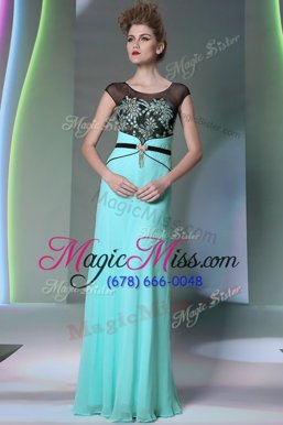 Scoop Floor Length Zipper Prom Gown Teal and In for Prom and Party with Appliques