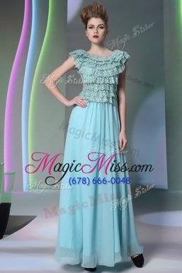 Scoop Lace Prom Party Dress Baby Blue Side Zipper Cap Sleeves Floor Length