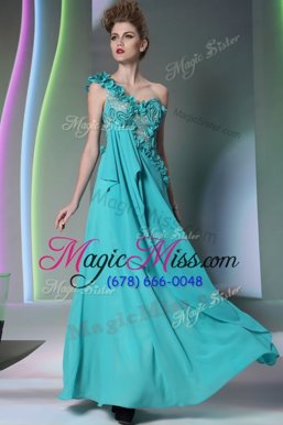 Dramatic Turquoise Column/Sheath Chiffon One Shoulder Sleeveless Lace and Hand Made Flower Floor Length Side Zipper Homecoming Dress
